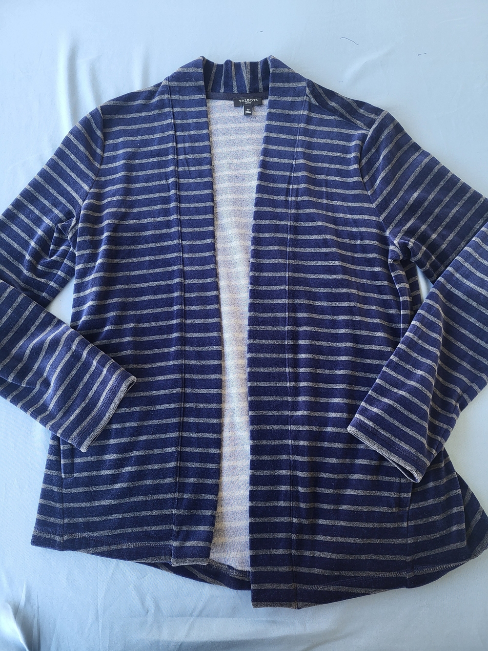 Talbots Petites Velour Striped Cardigan Open Front Jacket Navy Grandmacore SP